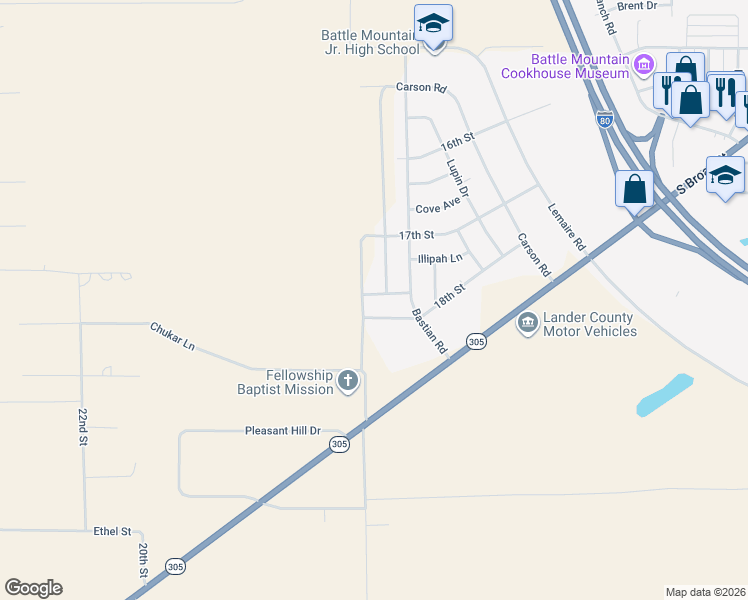 map of restaurants, bars, coffee shops, grocery stores, and more near 208 18th Street in Battle Mountain