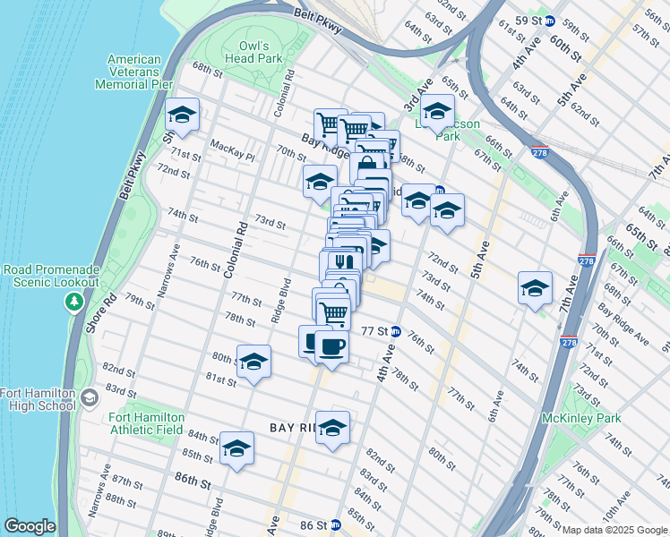 map of restaurants, bars, coffee shops, grocery stores, and more near 252 74th Street in Brooklyn