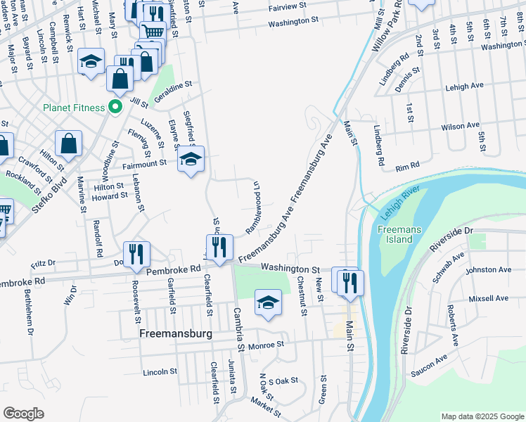 map of restaurants, bars, coffee shops, grocery stores, and more near 800 Cove Court in Freemansburg