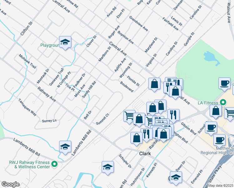 map of restaurants, bars, coffee shops, grocery stores, and more near 74 Summit Court in Westfield