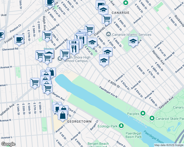 map of restaurants, bars, coffee shops, grocery stores, and more near 39 Paerdegat 3rd Street in Brooklyn