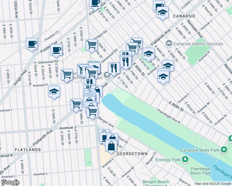 map of restaurants, bars, coffee shops, grocery stores, and more near 6020 Flatlands Avenue in Brooklyn