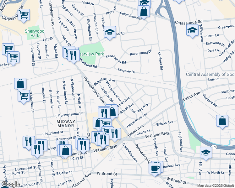 map of restaurants, bars, coffee shops, grocery stores, and more near 1234 West Rosemont Drive in Bethlehem