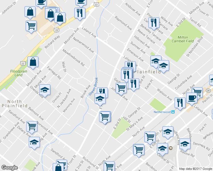 map of restaurants, bars, coffee shops, grocery stores, and more near 857 East Front Street in Plainfield
