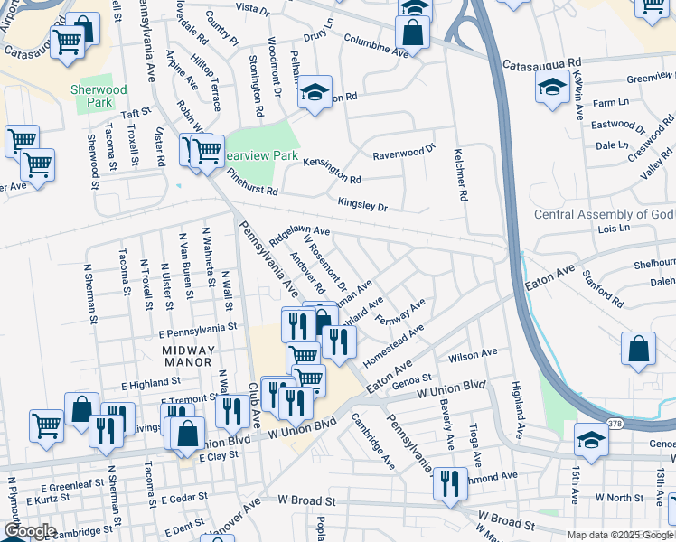 map of restaurants, bars, coffee shops, grocery stores, and more near 1234 West Rosemont Drive in Bethlehem