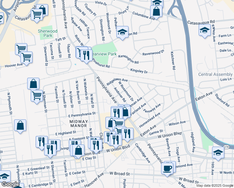 map of restaurants, bars, coffee shops, grocery stores, and more near 2130 Fireside Drive in Bethlehem