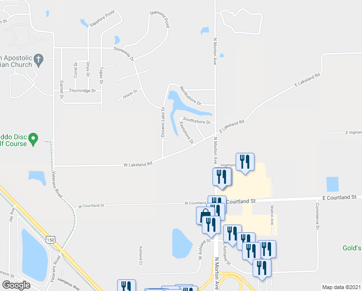 map of restaurants, bars, coffee shops, grocery stores, and more near 305 West Lakeland Road in Morton