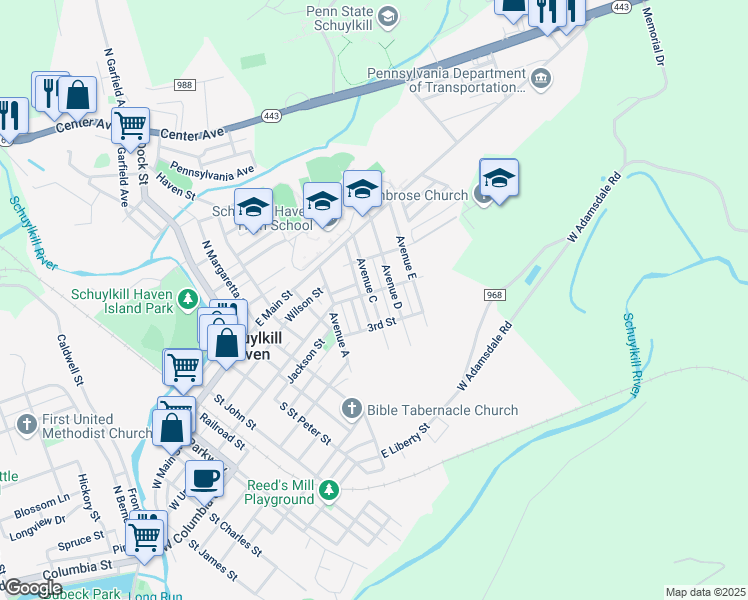map of restaurants, bars, coffee shops, grocery stores, and more near 109 Ave C in Schuylkill Haven