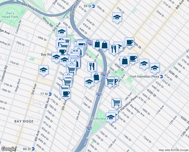 map of restaurants, bars, coffee shops, grocery stores, and more near 619 Bay Ridge Avenue in Brooklyn