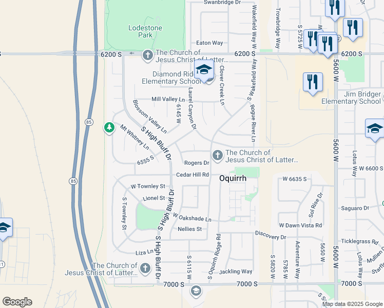 map of restaurants, bars, coffee shops, grocery stores, and more near 6101 West Castle Park Lane in West Valley City