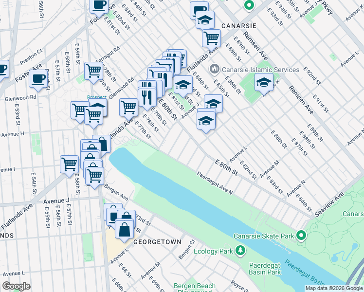 map of restaurants, bars, coffee shops, grocery stores, and more near 39 Paerdegat 3rd Street in Brooklyn