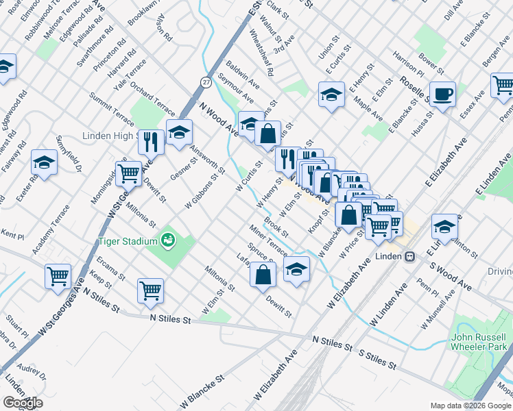 map of restaurants, bars, coffee shops, grocery stores, and more near 600 Brook Street in Linden