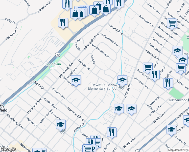 map of restaurants, bars, coffee shops, grocery stores, and more near 131 Farragut Road in North Plainfield