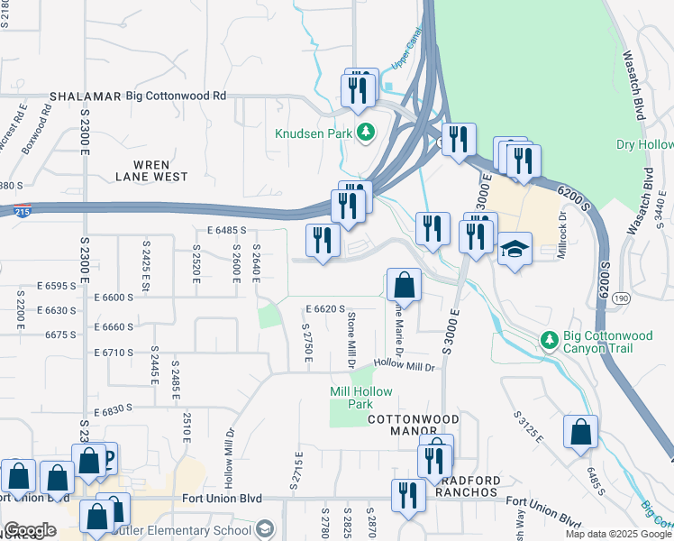 map of restaurants, bars, coffee shops, grocery stores, and more near 2800 Cottonwood Parkway in Cottonwood Heights