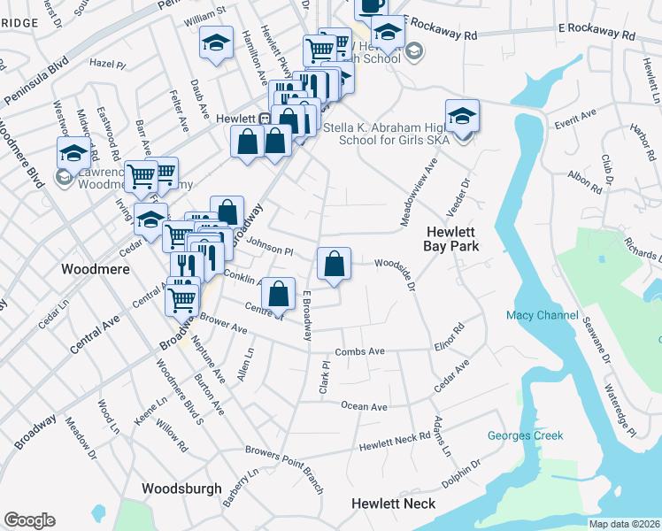map of restaurants, bars, coffee shops, grocery stores, and more near 125 Finucane Place in Woodmere