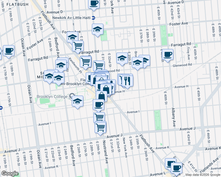map of restaurants, bars, coffee shops, grocery stores, and more near 780 East 32nd Street in Brooklyn