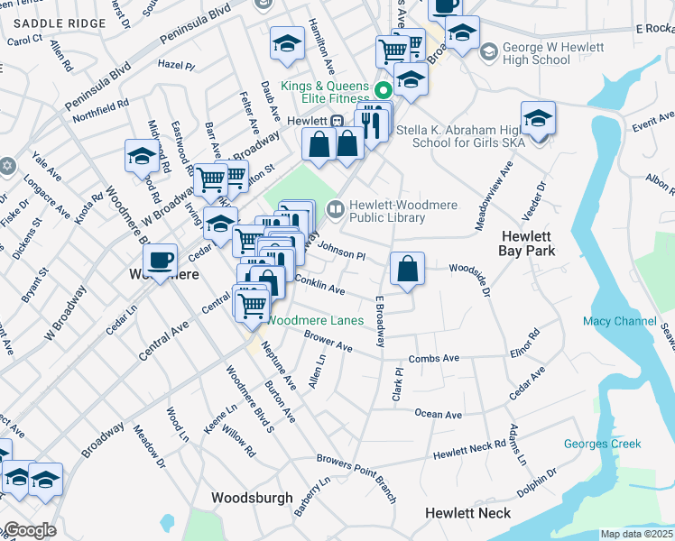 map of restaurants, bars, coffee shops, grocery stores, and more near 1083 Lynn Place in Woodmere