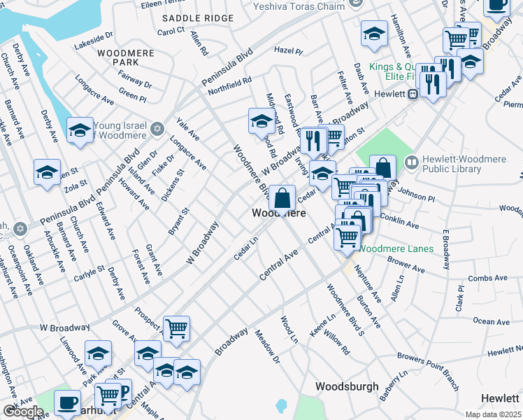 map of restaurants, bars, coffee shops, grocery stores, and more near in Woodmere