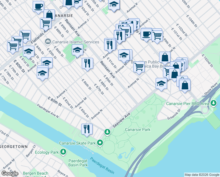 map of restaurants, bars, coffee shops, grocery stores, and more near 1345 East 88th Street in Brooklyn