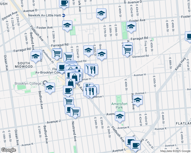 map of restaurants, bars, coffee shops, grocery stores, and more near 3501 Avenue H in Brooklyn