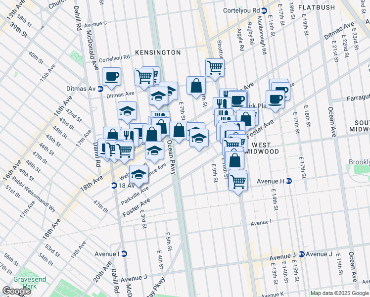 map of restaurants, bars, coffee shops, grocery stores, and more near 238 Newkirk Avenue in Brooklyn