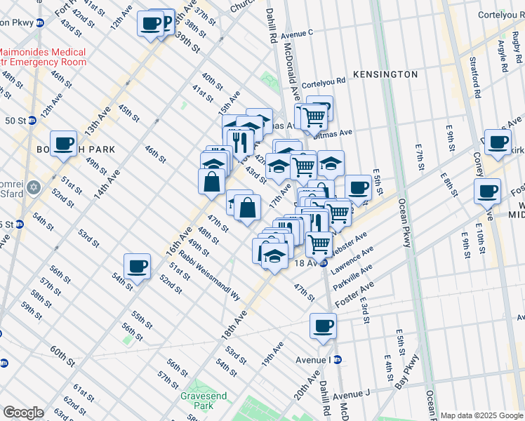 map of restaurants, bars, coffee shops, grocery stores, and more near 4405 17th Avenue in Brooklyn