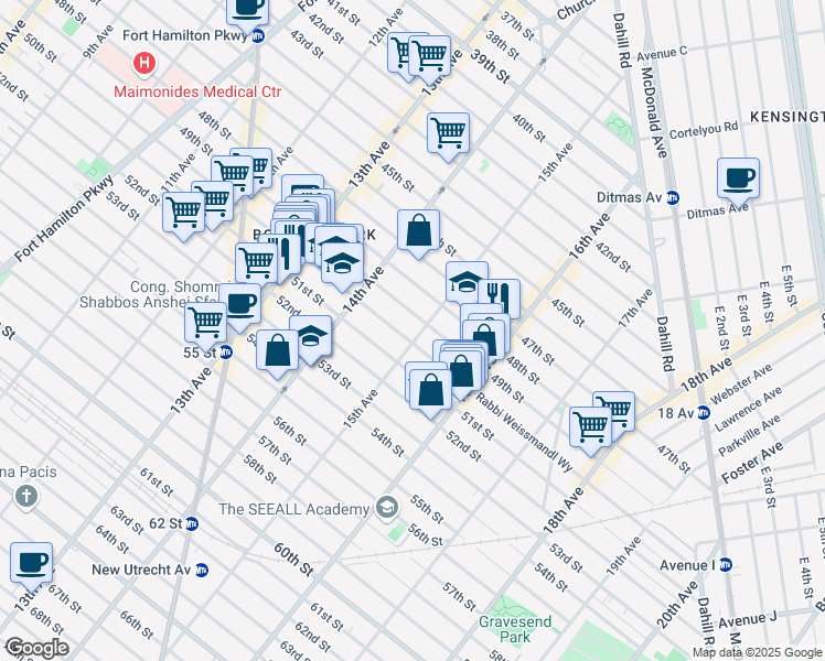 map of restaurants, bars, coffee shops, grocery stores, and more near 1462 50th Street in Brooklyn