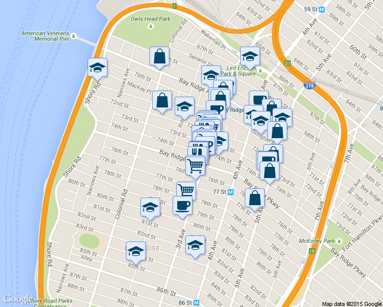 map of restaurants, bars, coffee shops, grocery stores, and more near 223 Bay Ridge Parkway in Brooklyn