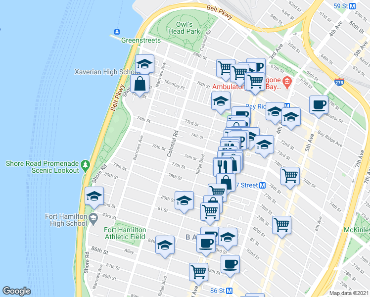 map of restaurants, bars, coffee shops, grocery stores, and more near 131 76th Street in Brooklyn