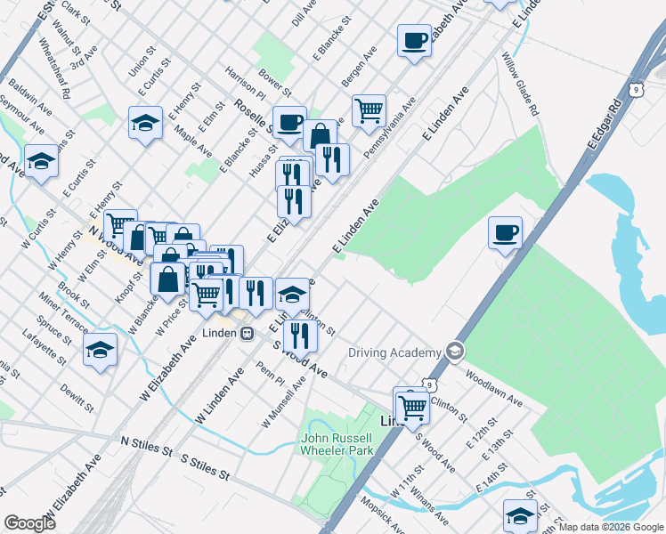 map of restaurants, bars, coffee shops, grocery stores, and more near 306 East Linden Avenue in Linden