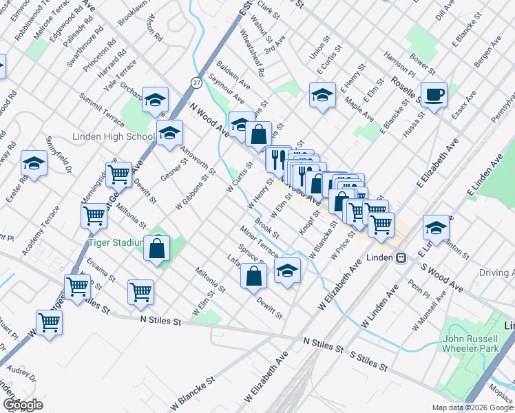 map of restaurants, bars, coffee shops, grocery stores, and more near 600 Brook Street in Linden