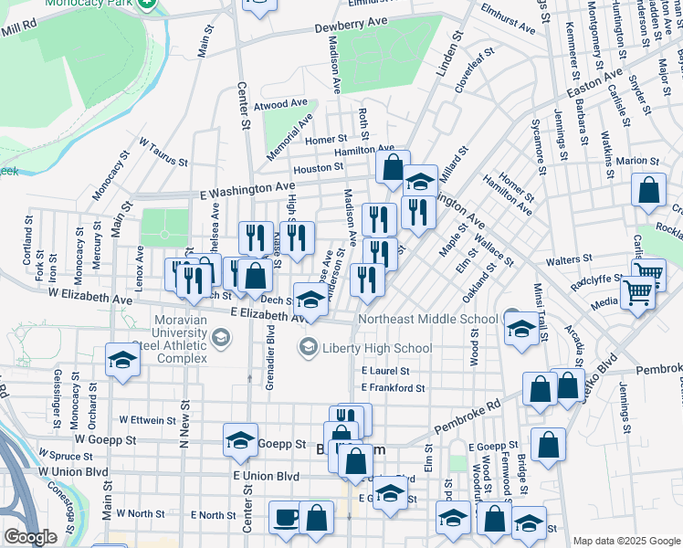 map of restaurants, bars, coffee shops, grocery stores, and more near 1400 Madison Avenue in Bethlehem