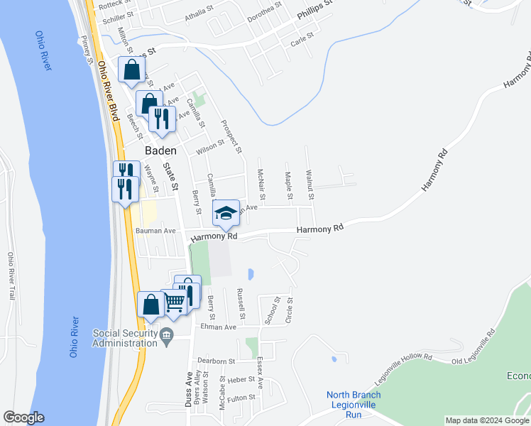 map of restaurants, bars, coffee shops, grocery stores, and more near 808 Bauman Avenue in Baden