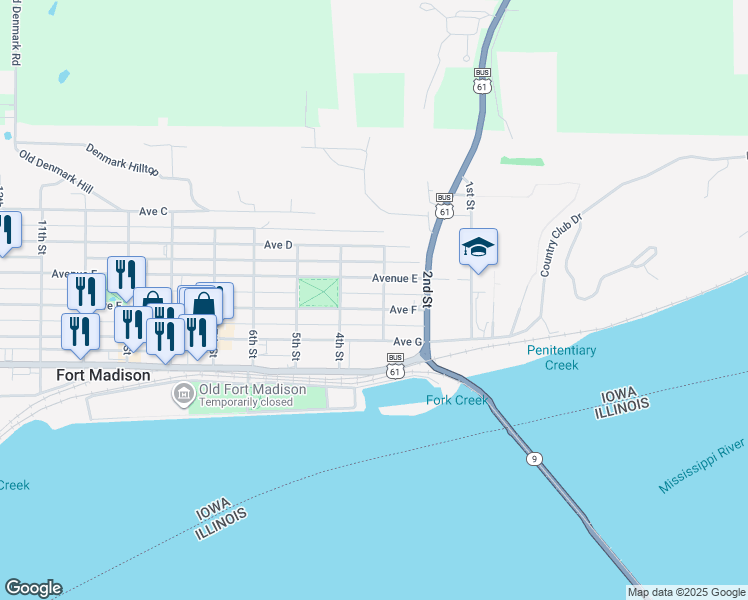 map of restaurants, bars, coffee shops, grocery stores, and more near 305 Ave F in Fort Madison