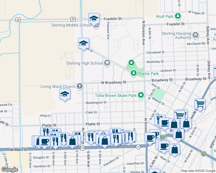 map of restaurants, bars, coffee shops, grocery stores, and more near 623 North 4th Avenue in Sterling