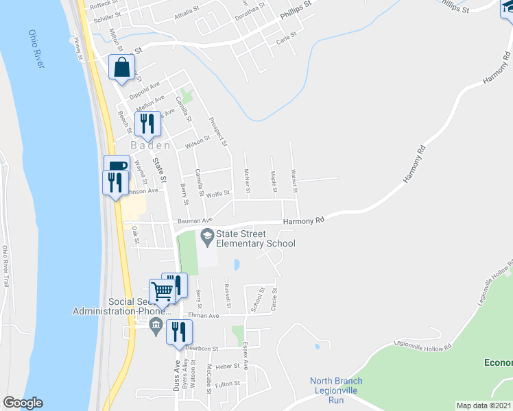 map of restaurants, bars, coffee shops, grocery stores, and more near 808 Bauman Avenue in Baden