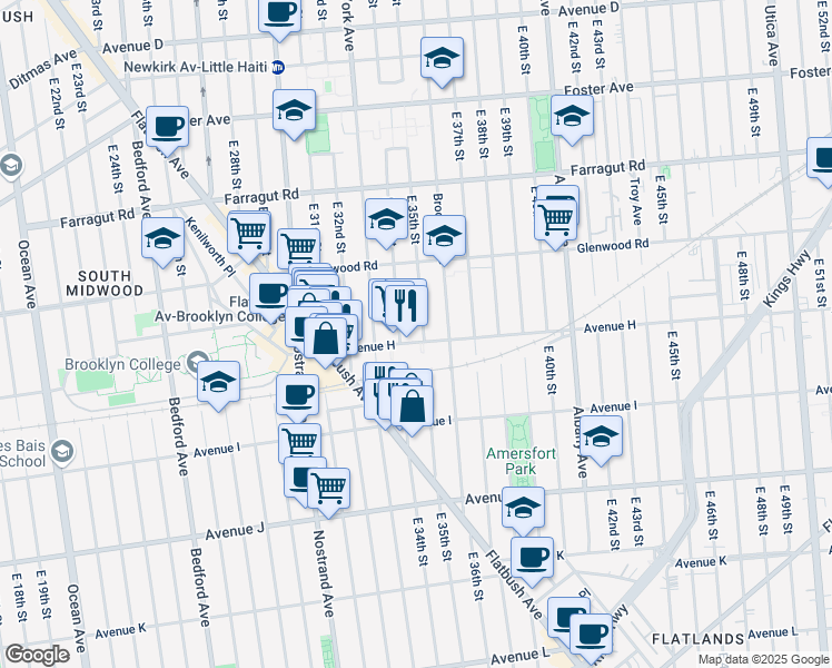 map of restaurants, bars, coffee shops, grocery stores, and more near 3413 Avenue H in Brooklyn