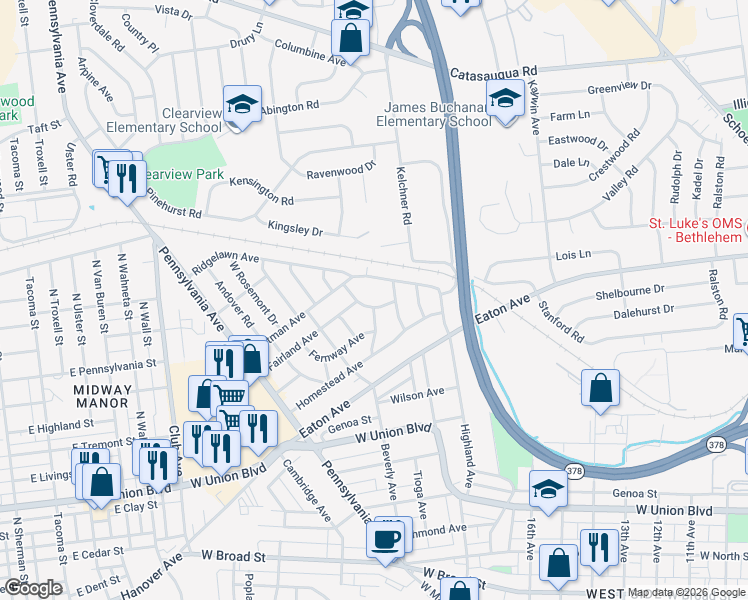 map of restaurants, bars, coffee shops, grocery stores, and more near 1856 Ridgelawn Avenue in Bethlehem