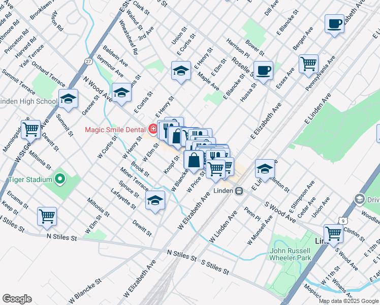map of restaurants, bars, coffee shops, grocery stores, and more near 300 North Wood Avenue in Linden