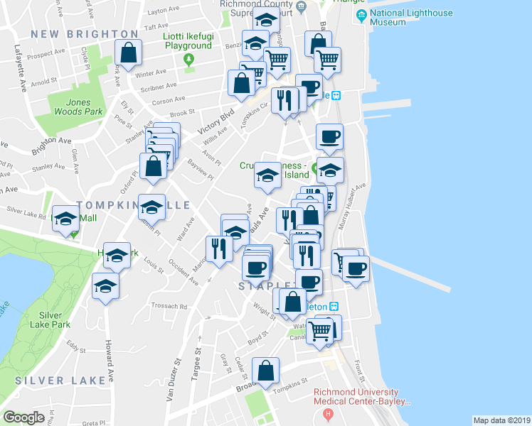 map of restaurants, bars, coffee shops, grocery stores, and more near 225 Saint Pauls Avenue in Staten Island