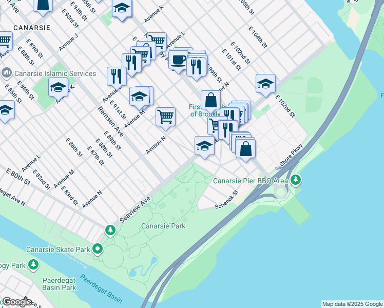 map of restaurants, bars, coffee shops, grocery stores, and more near 9311 Seaview Avenue in Brooklyn