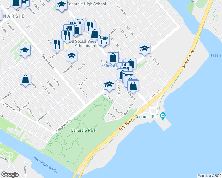 map of restaurants, bars, coffee shops, grocery stores, and more near 1677 Canarsie Road in Brooklyn