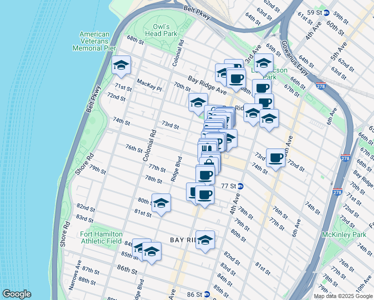 map of restaurants, bars, coffee shops, grocery stores, and more near 223 Bay Ridge Parkway in Brooklyn