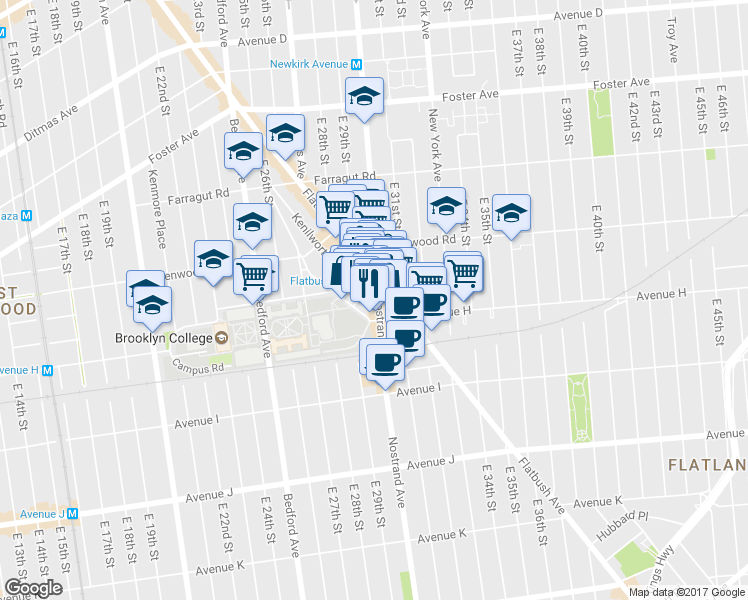 map of restaurants, bars, coffee shops, grocery stores, and more near 2158 Nostrand Avenue in Brooklyn
