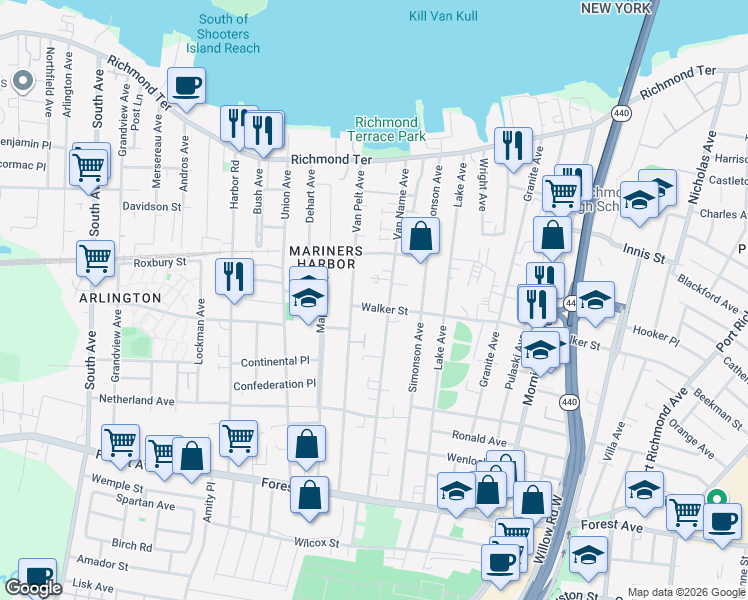 map of restaurants, bars, coffee shops, grocery stores, and more near in Staten Island