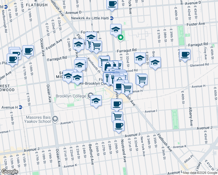 map of restaurants, bars, coffee shops, grocery stores, and more near 37 Hillel Place in Brooklyn