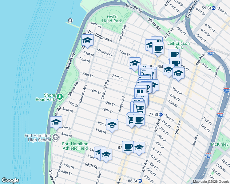 map of restaurants, bars, coffee shops, grocery stores, and more near 140 Bay Ridge Parkway in Brooklyn