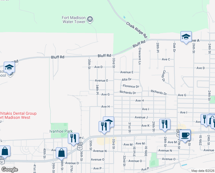map of restaurants, bars, coffee shops, grocery stores, and more near 515 33rd Street in Fort Madison