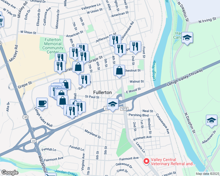 map of restaurants, bars, coffee shops, grocery stores, and more near 739 5th Street in Fullerton