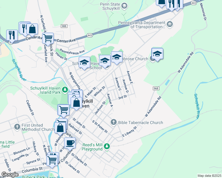 map of restaurants, bars, coffee shops, grocery stores, and more near 614 East Union Street in Schuylkill Haven